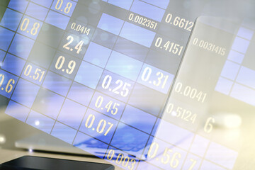 Poster - Double exposure of abstract creative statistics data hologram on computer background, analytics and forecasting concept