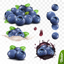 3D Realistic Blueberry Set, Lying Heaps Of Berries With Leaves, Falling Bilberries, Splash Of Milk Or Yogurt, Splash Of Juice With Berries