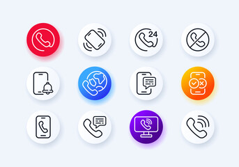 Poster - Communication icons set. Help 24 on 7. Technical support. Telephone communication. Reminder. Call. Neomorphism style.