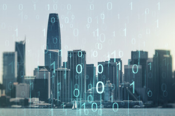 Aufkleber - Abstract virtual binary code illustration on San Francisco skyline background. Big data and coding concept. Multiexposure