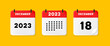 Calendar icon. December. 2023 18 day. The concept of waiting for an important date. Calendar with raised pages. Red calendar isolated on yellow background. 3d vector illustration.