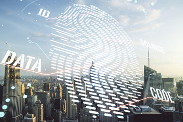 Aufkleber - Double exposure of virtual creative fingerprint hologram on New York city office buildings background, protection of personal information concept