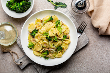 Preparaid Orecchiette pasta made with tuna fish and broccoli.. Pasta typical of Apulia, a region of Southern Italy.