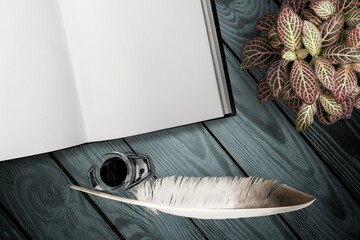 Wall Mural - open old antique book with quill pen and bottle of ink.
