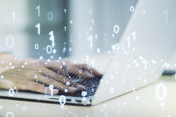 Aufkleber - Creative concept of binary code illustration and hands typing on laptop on background. Big data and coding concept. Multiexposure