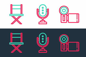 Sticker - Set line Cinema camera, Director movie chair and Microphone icon. Vector