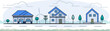 Set of house landscape village street scene. Tree clouds plant green area. Flat color stroke icon. Living for life concept.