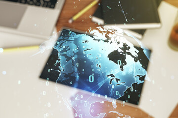 Poster - Abstract creative coding illustration with world map and modern digital tablet on desktop on background, top view, international software development concept. Multiexposure