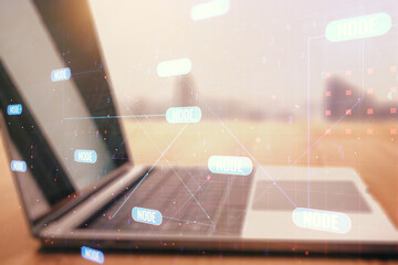 Poster - Abstract creative coding illustration on modern computer background, software development concept. Multiexposure