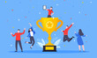 Employee recognition or proud workers of the month business concept flat style design vector illustration. Young adult people jump in the air near trophy cup.