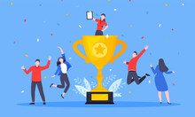 Employee Recognition Or Proud Workers Of The Month Business Concept Flat Style Design Vector Illustration. Young Adult People Jump In The Air Near Trophy Cup.