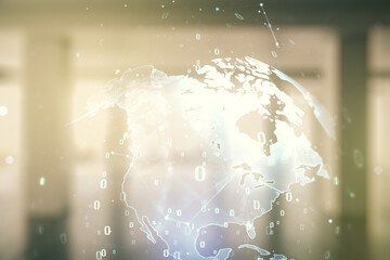 Aufkleber - Multi exposure of abstract graphic coding sketch and world map on modern interior background, big data and networking concept