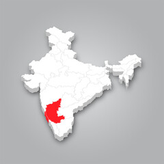 Wall Mural - 3D Map of India and the Location of the State of Karnataka Marked in Red.