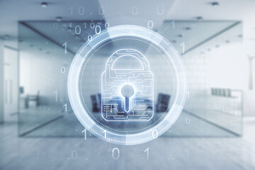 Aufkleber - Virtual creative lock illustration with microcircuit on a modern furnished classroom background, cyber security concept. Multiexposure