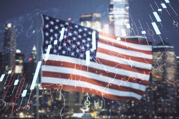 Poster - Multi exposure of virtual abstract financial chart hologram and world map on USA flag and blurry skyscrapers background, research and analytics concept
