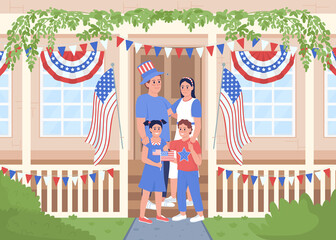 Poster - Family style Independence day celebration flat color vector illustration. Parents and children at home. July fourth holiday 2D simple cartoon characters with exterior on background