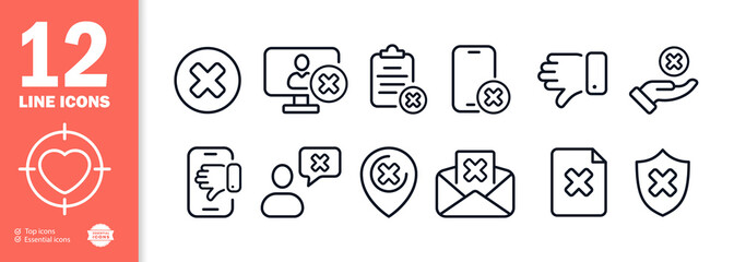Poster - Cross icon set. Correspondence with a person. Incorrect answer. Cross on shield, monitor, phone and magnifier. vector eps 10.