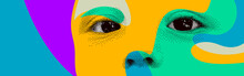 Looking Eyes 8 Bit Dotted Design Style Vector Abstraction, Human Face Stylized Design Element, With Colorful Splats.