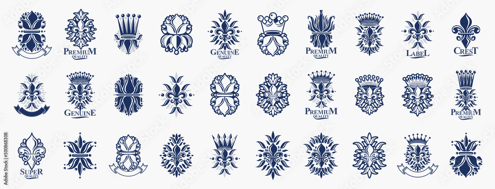 Crowns vintage heraldic emblems vector big set, antique heraldry