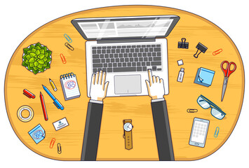 Fototapete - Office worker or entrepreneur working on a PC notebook, top view of workspace desk with human hands and diverse stationery objects. All elements are easy to use separately. Vector illustration.