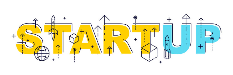 Startup word with icons flat vector design.
