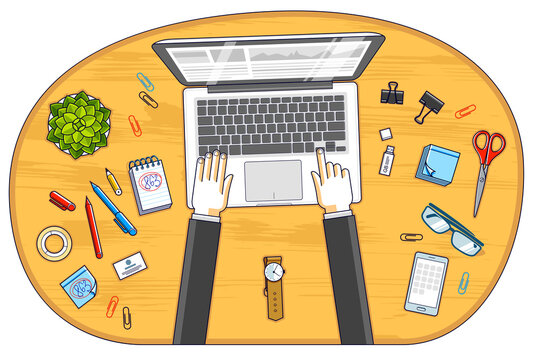 Office worker or entrepreneur working on a PC notebook, top view of workspace desk with human hands and diverse stationery objects. All elements are easy to use separately. Vector illustration.