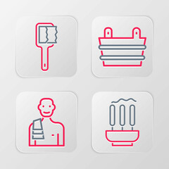 Canvas Print - Set line Incense sticks, Man in the sauna, Sauna bucket and brush icon. Vector