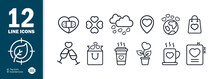 Set Of Love And Dates Icons. Coffee, Two Glasses, Notebook, Planet, Clover, Glued Heart. Vector Epa 10