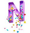 Falling down candy from a plastic box font. Letter N