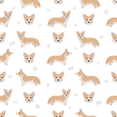  Welsh corgi cardigan seamless pattern. Different poses, coat colors set