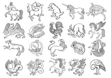 Heraldic Mythical Animals And Creatures. Traditional Character Styles For Coats Of Arms And Shields. Clip Art, Set Of Elements For Design Vector Illustration.