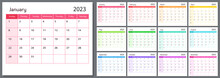 Calendar For 2023 Year, Week Starts On Sunday. Template Planner For Schedule, Planning Events And Holidays. Vector Rainbow Colored Organizer Grid For Each Month