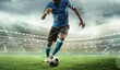 Cropped image of running soccer, football player at stadium during football match. Concept of sport, competition, goals