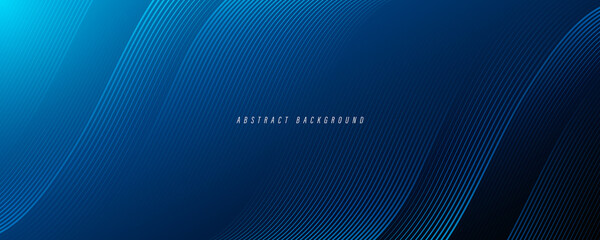 Fototapete - Modern abstract dark blue gradient background with shiny blue wave lines pattern. Futuristic wave stripes texture design. Minimal wavy lines vector. Vector illustration