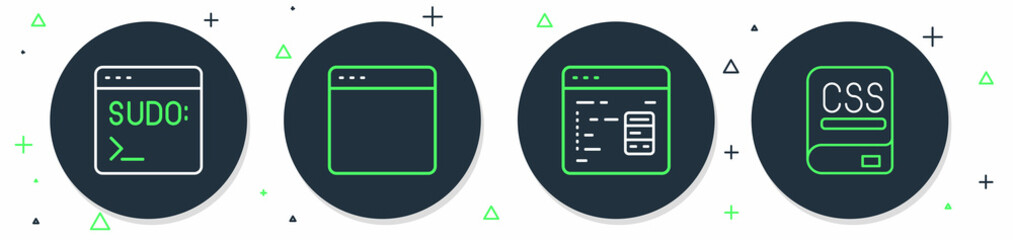 Set line Browser window, Software, Code terminal and Books about programming icon. Vector