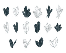 Crystals Big Set. 16 Silhouettes And  Lineart Minerals    Isolated On White Background. Hand Drawn Esoteric Vector Illustration In Boho Style.
