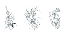 Celestial  Moon Crystals And Flowers Set. 3 Hand Drawn Magic Vector Illustrations For Tattoos, T-shirt Printing And Esoteric Design.