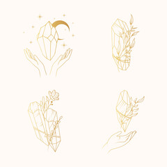 Celestial crystals, moon, flowers and twigs.  Golden isolated set of four mystical vector illustrations in boho style.