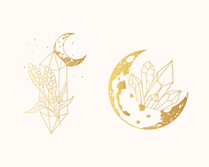 Golden  celestial  moon crystals and flowers isolated set. Two hand drawn magic vector illustrations in boho style.