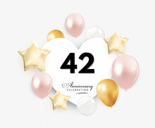 42 Years Anniversary Celebration With Heart Air Hot Balloon. Design Template For Anniversary Celebrations, Greeting Cards, Posters, Banners, And Birthday Party.