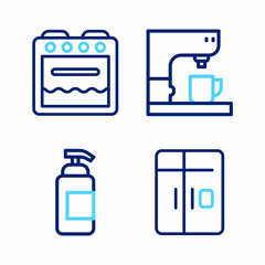 Sticker - Set line Refrigerator, Antibacterial soap, Coffee machine and Oven icon. Vector