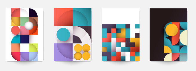 Wall Mural - Set of minimal template in geometric bauhaus retro style design for branding with abstract simple shapes element. Modern background for cover, poster, banner, flyer. Fashion vector illustration.