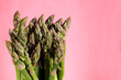 a bunch of fresh green asparagus stands on a pink background. space for copying. vegan . healthy food