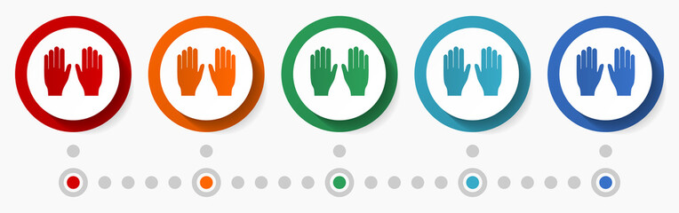 Poster - Glove, hand concept vector icon set, infographic template, flat design circle colorful web buttons in 5 color options