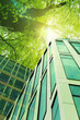 Go green concept. Low angle view of modern building and trees on sunny day