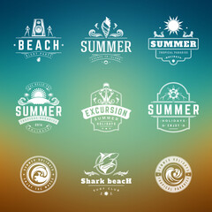 Wall Mural - Summer holidays labels or badges retro typography vector design templates set. Silhouettes and icons for posters, greeting cards and advertising.