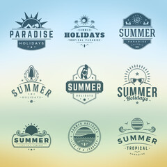 Wall Mural - Summer holidays typography labels or badges vector design, summer silhouettes and icons for posters, greeting cards and advertising. Vintage style.