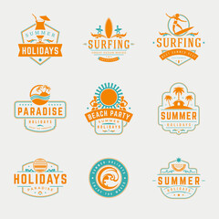 Wall Mural - Summer holidays labels or badges retro typography vector design templates set. Silhouettes and icons for posters, greeting cards and advertising.