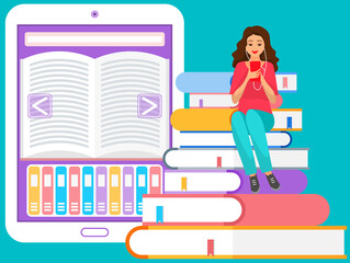 Poster - Lady reading book with digital service for smartphone. Studying with archive of books concept. Electronic library, online book store, ebook in phone app. Woman selects literature in online library
