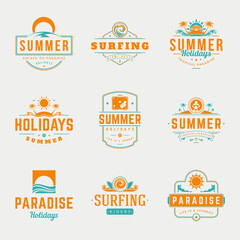 Wall Mural - Summer holidays labels or badges retro typography vector design templates set. Silhouettes and icons for posters, greeting cards and advertising.